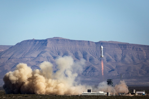 Blue Origin's New Shepard space vehicle ascends from its West Texas test site to reach an apogee of 339,138 feet (103 km) on April 2, 2016.