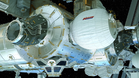 An artist's illustration of the Bigelow Expandable Activity Module (BEAM), built by Bigelow aerospace, attached to the International Space Station. BEAM is scheduled to launch toward the station aboard a Dragon cargo spacecraft on April 8. 