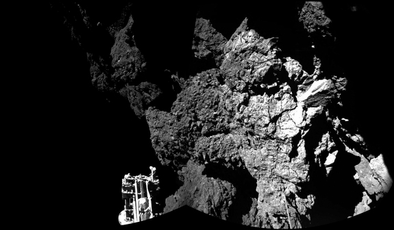 Rosetta's Philae lander on the surface of Comet 67P. Unfortunately, the landing didn't go as smoothly as hoped; the spacecraft tumbled across the comet's surface, resulting in far less science than anticipated.