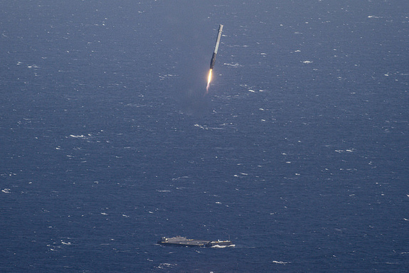 The first stage of SpaceX's Falcon 9 rocket comes in for a successful landing on a robotic drone ship in the Atlantic Ocean on April 8, 2016.