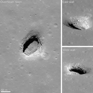 Collapse pits provide valuable views of the shallow subsurface structure of the lavas that filled the lunar mare basins. The farside Mare Ingenii pit reveals layer upon layer of lava flows that flooded the Ingenii basin. The pit floor is inviting, what lies in the shadow — and beyond?