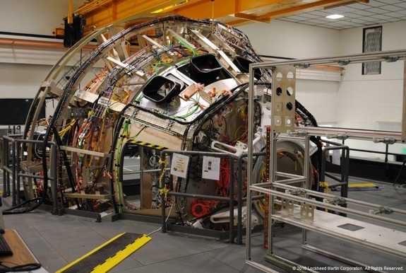 The front end of a mock Orion capsule at the Lockheed Martin facility in Littleton, Colorado.