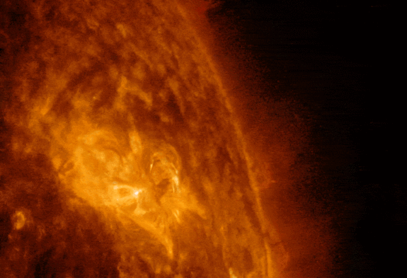 This footage from NASA’s Solar Dynamics Observatory spacecraft shows the heart-shaped sunspot AR 2529 firing off an M6.7 solar flare on April 17, 2016.