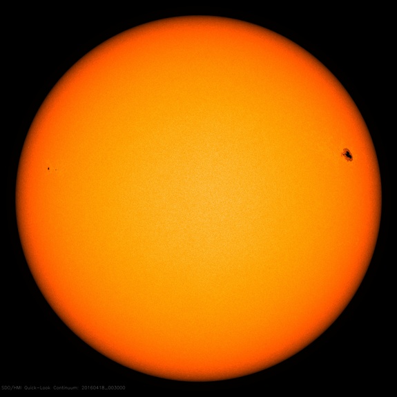 The heart-shaped sunspot AR 2529 is visible in the upper right of this image captured by NASA's Solar Dynamics Observatory. AR 2529 poduced a solar flare at 8:29 p.m. EDT on April 17, 2016.