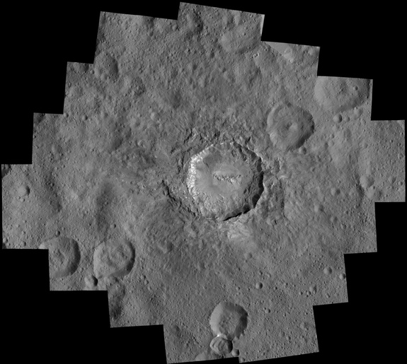 Ceres’ 21-mile-wide (34 kilometers) Haulani Crater is shown in this mosaic of views captured by NASA's Dawn spacecraft from an altitude of 240 miles (385 km). Image released April 19, 2016.