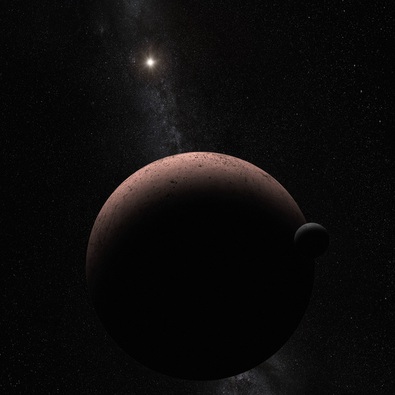 Artist's concept of the dwarf planet Makemake and its newfound moon, which has been nicknamed MK 2.