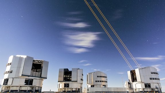 The Four Laser Guide Star Facility for the adaptive optics system on the European Southern Observatory's Very Large Telescope in Chile sees first light in this view taken on April 26, 2016.