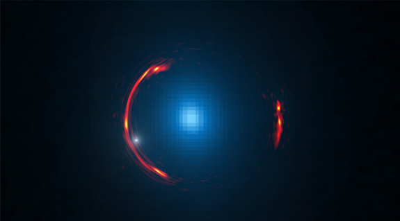 The gravity of a distant galaxy known as SDP.81 (the blue object in the center, imaged by the Hubble Space Telescope) distorts the light traveling past it into an Einstein ring (red arc) in this composite image. The small, white dot is the location of a dark dwarf galaxy hovering around the edge of the central object.