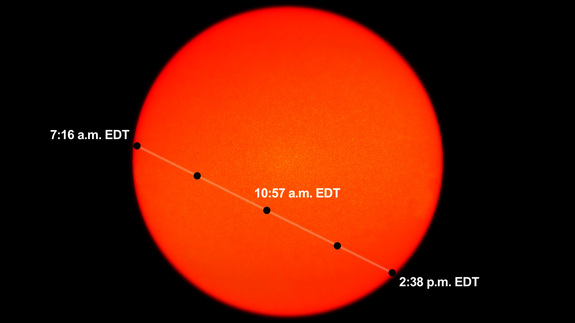 This NASA graphic depicts the time and location of Mercury as it crosses the face of the sun during the May 9, 2016 Transit of Mercury event.