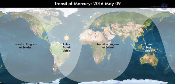 On May 9, 2016, Mercury will cross the face of the sun as seen from most of the Earth. This NASA map shows where the rare Transit of Mercury will be visible from, weather permitting.