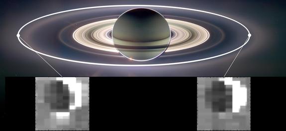As shown in the 2016 inset images from the Cassini mission, Enceladus sprays the most when it is furthest from Saturn (left). The moon's activity is subdued when it is closest to the planet (right). The background image-mosaic of Saturn came from 2006 data.