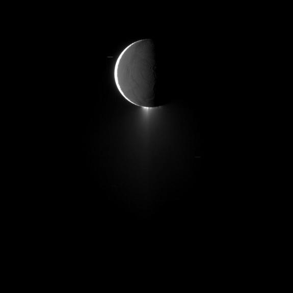 Water jets from Enceladus are clearly visible in this 2010 image from the Cassini spacecraft.