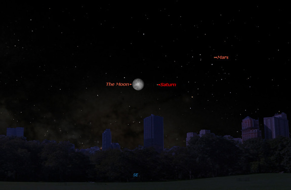 Saturn will be visible near the moon in the southeastern sky late at night on Sunday, May 21, 2016. This Starry Night sky map shows how the moon and Saturn (as well as Mars) will look at 11 p.m. local time.
