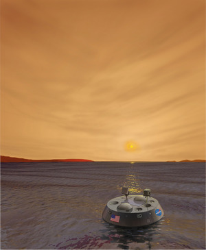 An artist's impression of the Titan Mare Explorer (TiME) capsule proposed to float on the lakes and seas of Titan. If it travels to the moon, engineers may need to consider how its arrival and heat output may affect the nitrogen in the liquid it floats on.