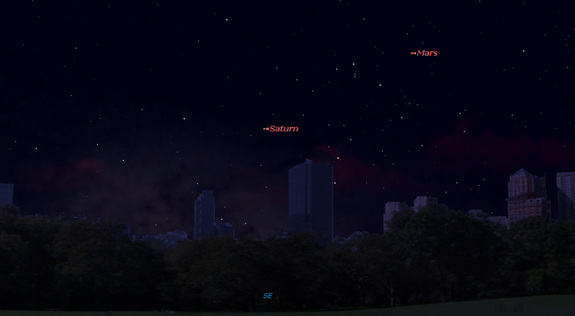 This sky map shows the location of Mars in the southeastern sky at 9 p.m. local time on May 30, 2016, when the planet will be at its closest to Earth in 11 years. Saturn will also be visible nearby, weather permitting.