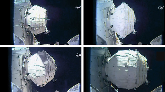 The inflation of the Bigelow Expandable Activity Module, a prototype space habitat, is shown in this series of images taken by a NASA camera on the International Space Station during expansion operations on May 28, 2016. The process took over seven hours.