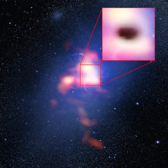 This combination picture of Abell 2957 includes a credentials picture taken by a Hubble Space Telescope and a red forehead picture from a ALMA radio telescope display a placement of CO monoxide gas in and around a Abell 2597 Brightest Cluster Galaxy. The pull-out box shows a shade of a galaxy's supermassive black hole, that appears to be eating cold clouds of molecular gas.
