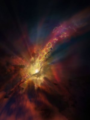 This artist's judgment shows condensing clouds of cold molecular gas being accreted by a Abell 2597 Brightest Cluster Galaxy. The clouds precipitate out of a hot, ionized gas that suffuses a space between among a galaxies in this cluster, according to a matter from a European Southern Observatory.