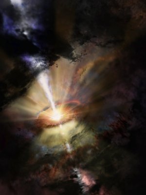 Another artist's judgment of gas clouds raining onto a heart of a Abell 2597 Brightest Cluster Galaxy. The clouds were celebrated regulating a Atacama Large Millimeter/submillimeter Array (ALMA).