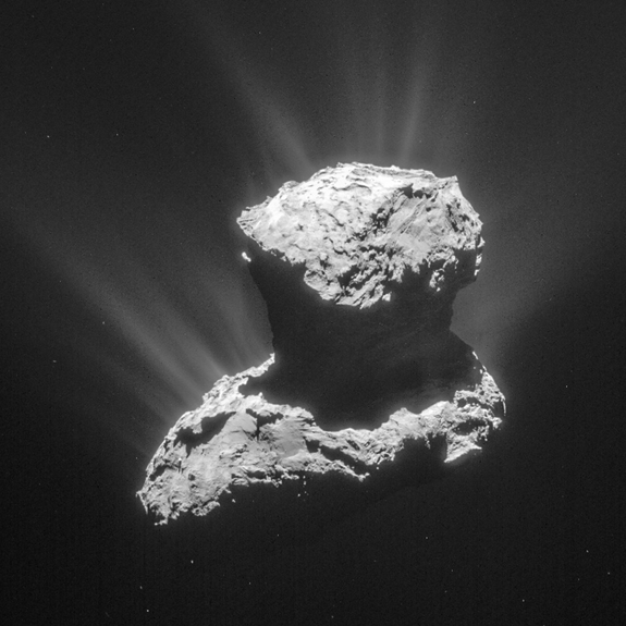 A picture taken of Comet 67P/Churyumov–Gerasimenko on March 25, a few days before Rosetta detected amino acid glycine in the comet's atmosphere (coma).