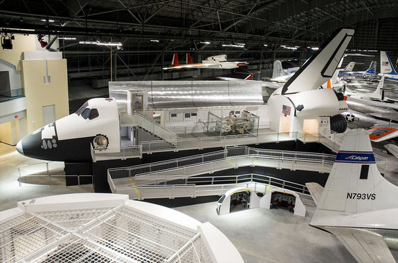 Overhead view of the space shuttle exhibit in the National Museum of the U.S. Air Force's new fourth building in Dayton, Ohio.