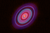 HCO+ gas (blue) and dust (red) distributions in the disk around HL Tauri. The ellipses show the locations of the gaps.