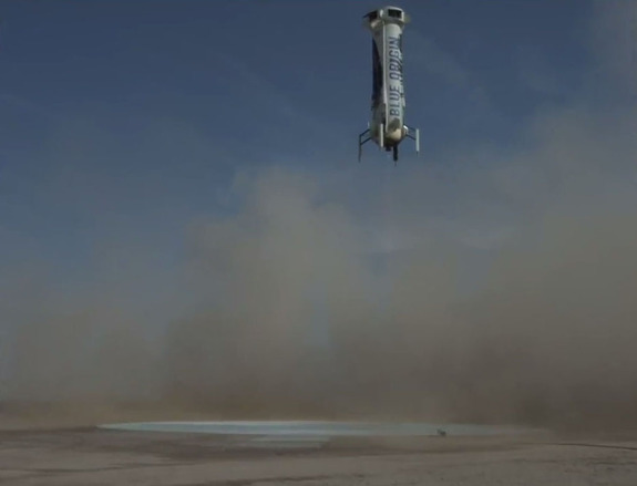 Blue Origin's New Shepard booster approaches its landing site in West Texas during its fourth launch and landing test on June 19, 2016.
