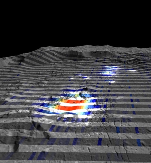 Measurements from Dawn are superimposed on a view of Ceres' Occator crater. The red indicates a high abundance of carbonates in the bright spots found there.