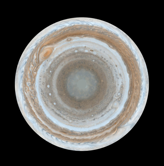 A map of Jupiter's south pole as seen by the Cassini spacecraft when it zoomed by the planet in 2000, en route to Saturn.