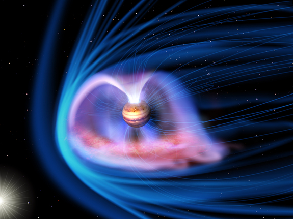 Artist's impression of the aurora on Jupiter, and its magnetosphere.