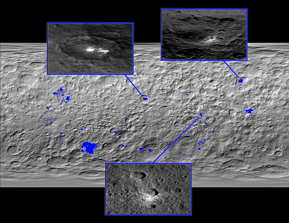Roughly 130 bright areas on Ceres are highlighted in blue in this map of the dwarf planet, made up of images from the Dawn spacecraft.