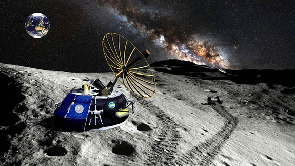 An artist's concept of Moon Express' MX-1 lunar lander at the south pole of the moon. Moon Express is competing in the Google Lunar X Prize, a competition to send a private lunar lander to the moon.