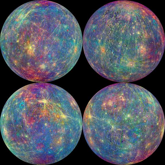 When viewed in different wavelengths of light that reveal chemical composition, the surface of Mercury is shown to have a varied landscape. This image uses data from the Mercury Atmosphere and Surface Composition Spectrometer (MASCS) instrument aboard NASA's MESSENGER spacecraft, overlain on the monochrome mosaic from the Mercury Dual Imaging System (MDIS).