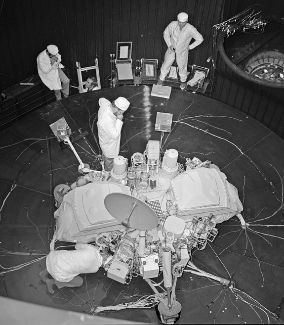 Viking Mars lander undergoes checkout and testing by Martin Marietta engineers.