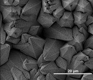 Microstructures on a material sample viewed under a Scanning Electron Microscope.