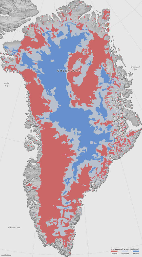 This map illustrates what NASA scientists believe is happening at the base of the Greenland ice sheet. The areas marked in red represent areas that have thawed, while blue areas remain frozen solid. Insufficient data was available for a third section of the ice sheet, which is represented in grey.