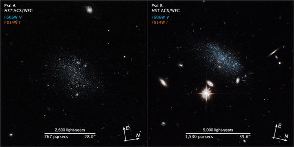This scale-compass image comparison of Pisces A and B shows the two dwarf galaxies nearing the Local Group.