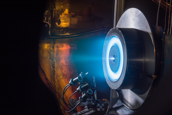 NASA tested this prototype electric-propulsion technology at Glenn Research Center in Ohio. Similar technology is planned to propel the Asteroid Redirect Mission's spacecraft.