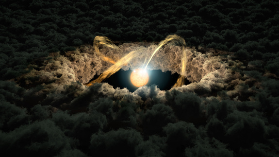 Illustration of a star surrounded by a protoplanetary disk.