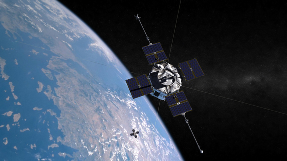 An artist's depiction of the two Van Allen probes orbiting Earth.