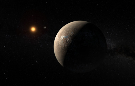 This artist’s impression shows the exoplanet Proxima b, which orbits the red dwarf star Proxima Centauri. The double star Alpha Centauri AB appears in the image between the exoplanet and its star.