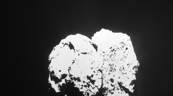 Rosetta’s wide-angle camera captured an outburst from the Atum region on Comet 67P/Churyumov–Gerasimenko’s large lobe on Feb. 19, 2016. The images are separated by half an hour each, covering the period 0840–1210 GMT, and as such show the comet rotating. 