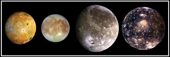 The 4 Galilean moons, in sequence of augmenting stretch from Jupiter: Io, Europa, Ganymede and Callisto.