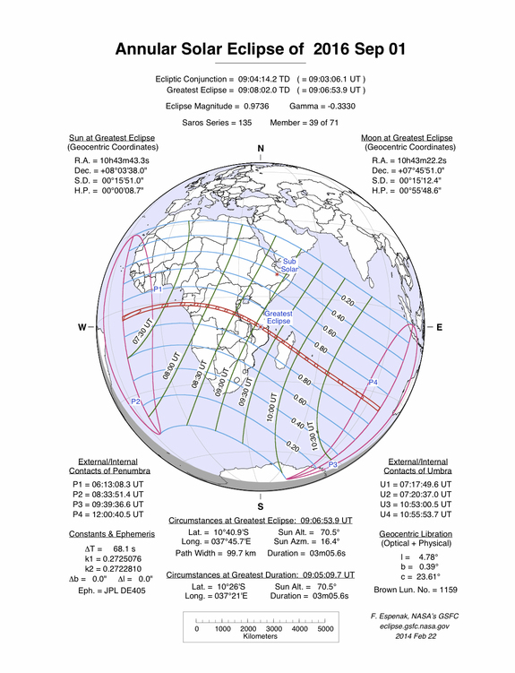 Map showing the path of the Sept. 1, 2016 annular solar eclipse across parts of Africa.