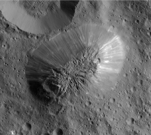 NASA's Dawn probe captured this high-resolution image of the Ceres mountain Ahuna Mons. Image width is 19 miles (30 kilometers).