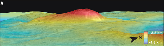 Perspective view of the Ceres mountain Ahuna Mons in false color derived from Dawn’s framing-camera data. The bluish color of the mountain’s flanks probably represents a compositional change. Ahuna Mons is 2.5 miles tall and 10.5 miles wide (4 by 17 kilometers).