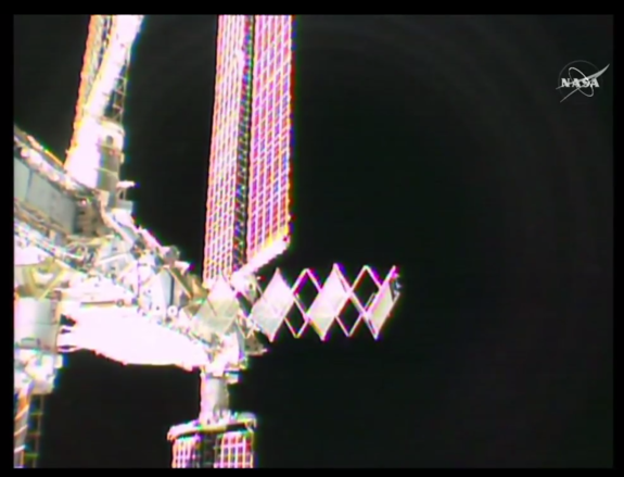 This is an image of the thermal control radiator, located on the P6 truss of the International Space Station. It folds up much like an accordion and is stored on the side of the space station when not in use.