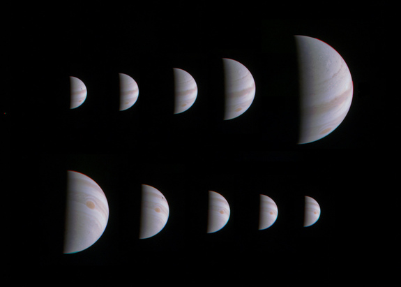 Estas 10 imagens mostram Jupiter crescendo e diminuindo de tamanho aparente antes e depois da sonda Juno da NASA fez a sua abordagem perto do planeta em 27 de agosto de 2016.