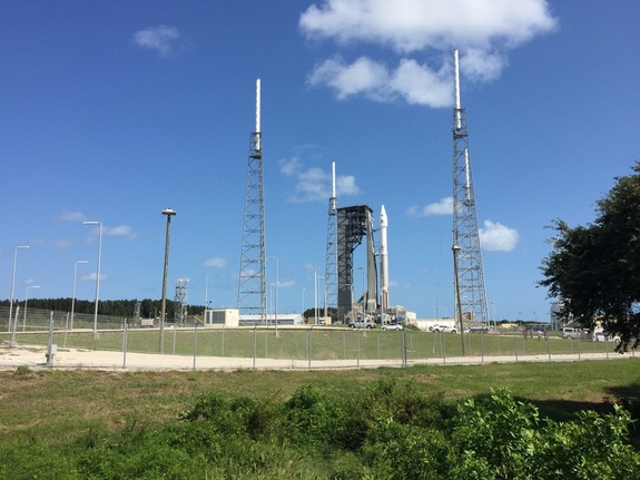 The Atlas V rocket carrying NASA's OSIRIS-REx asteroid sample-return spacecraft stands atop its Cape Canaveral Air Force Station launchpad in Florida ahead of its Sept. 8, 2016 launch.