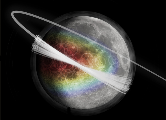 This artist's concept shows the lunar dust exosphere surrounding the moon, discovered by the LADEE spacecraft. That discovery was announced in 2015. The craft's trajectory around the moon is also shown.